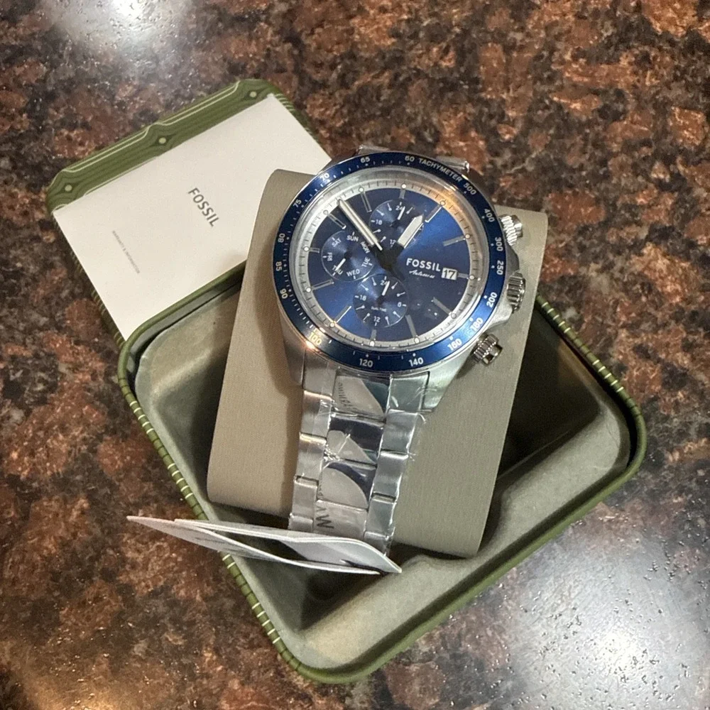 Fossil Autocross BQ2878 Mens Multifunction Blue Sunray Dial Watch NIB Nice!
